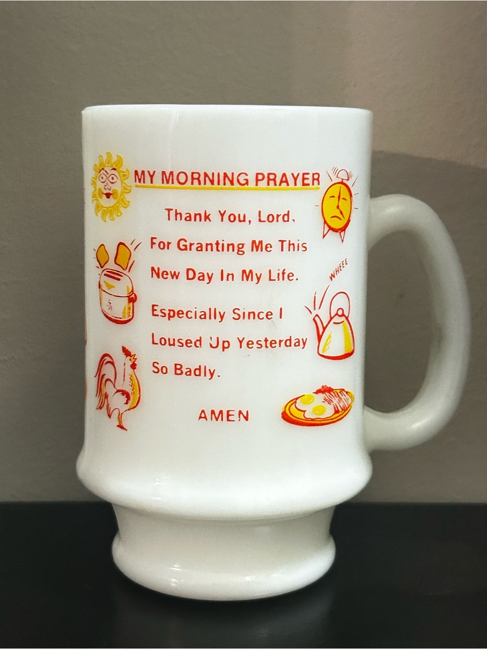Fire King White Ceramic Coffee Mug with Red & Yellow Morning Prayer Design